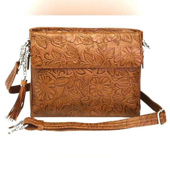 Concealed Carry Tan Tooled Cowhide Organizer Crossbody by Gun Tote'n Mamas EUC - Picture 2 of 16